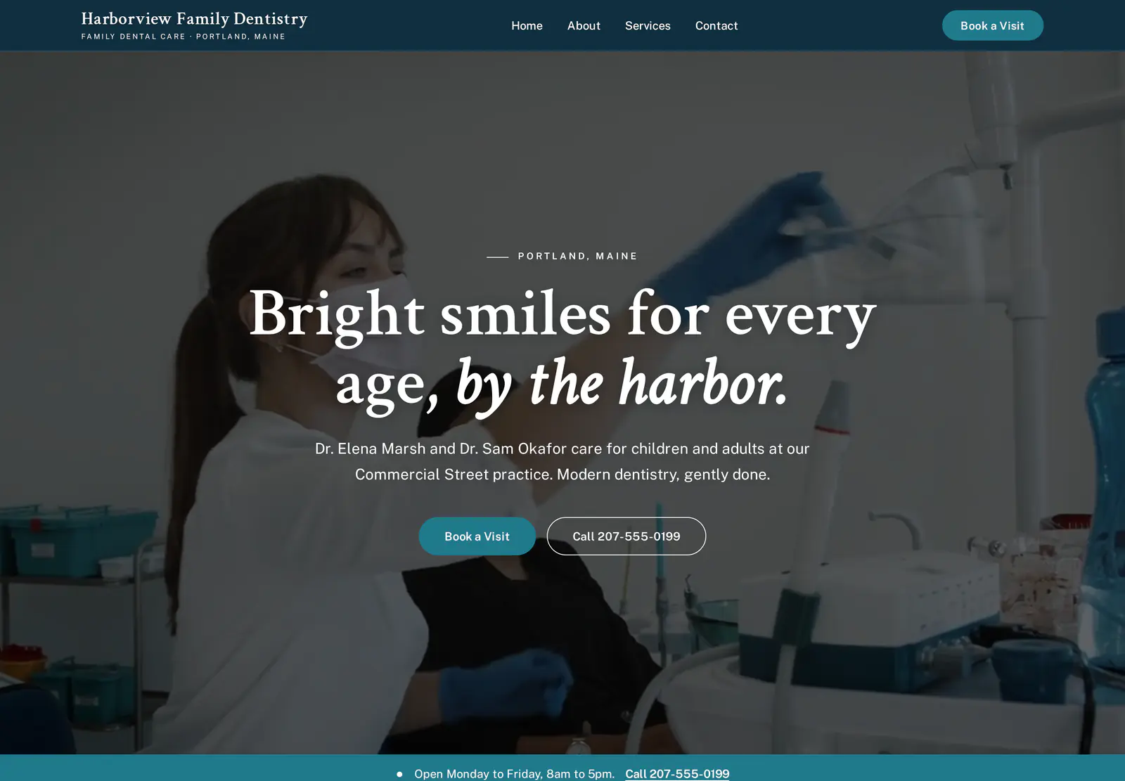 The home page of Harborview Family Dentistry, a made-up business, as MediEdge Sites built it