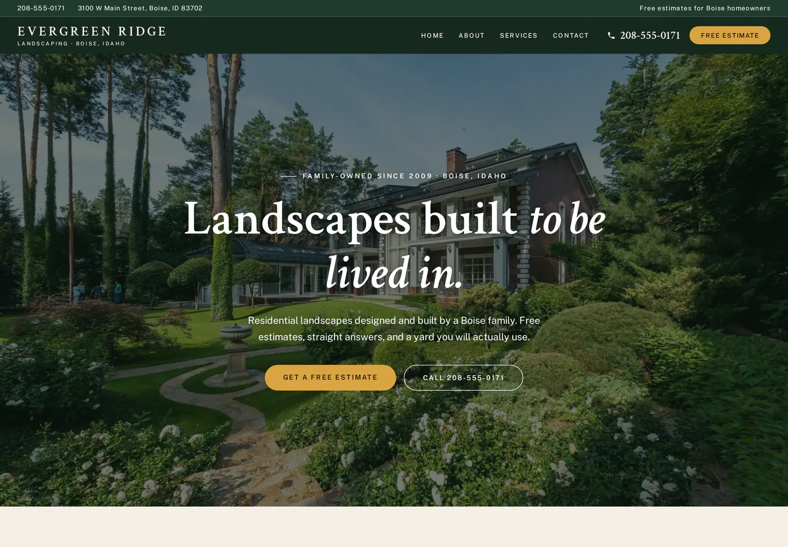The home page of Evergreen Ridge Landscaping, a made-up business, as MediEdge Sites built it