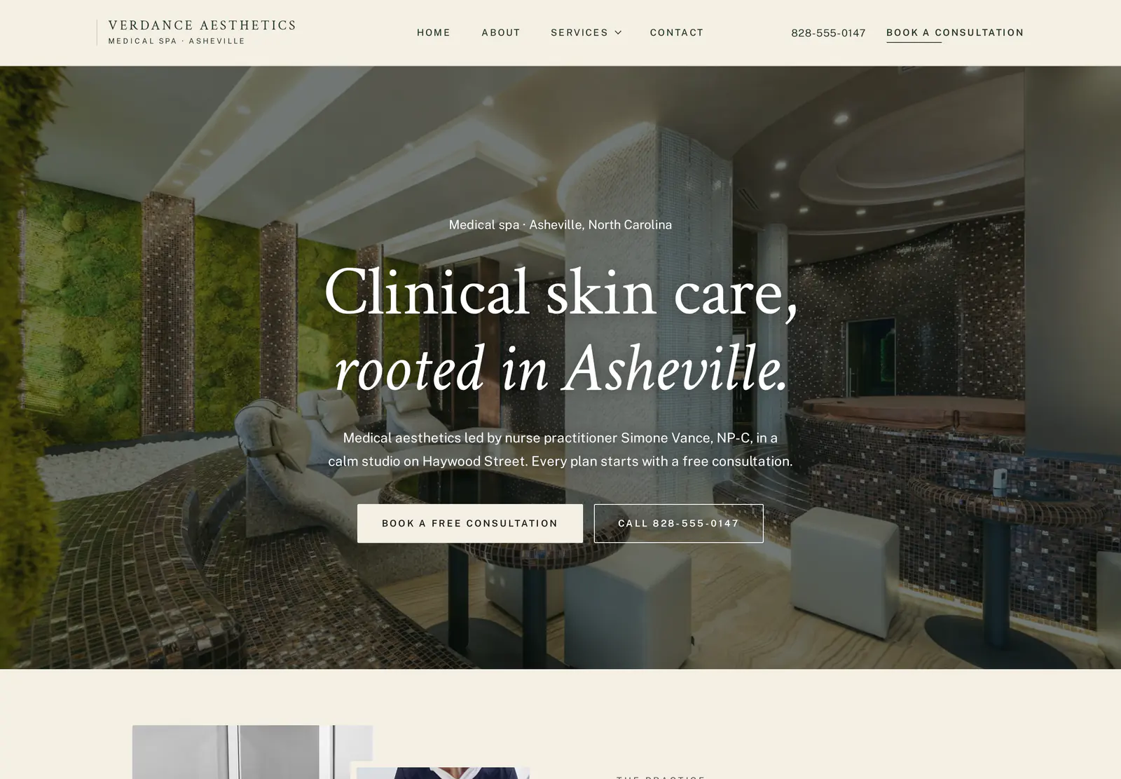 The home page of Verdance Aesthetics, a made-up business, as MediEdge Sites built it